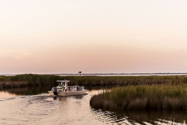 A boat cruising through a calm, narrow waterway surrounded by tall grasses under a pastel-colored sunset sky.