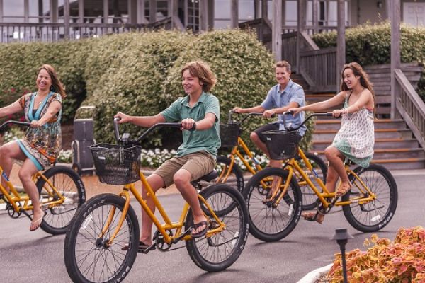 Four people are riding yellow bicycles on a paved path with greenery and buildings in the background.