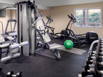 The image shows a well-equipped gym with exercise machines, free weights, and workout equipment like a stability ball, mirrored walls, and TV screens.