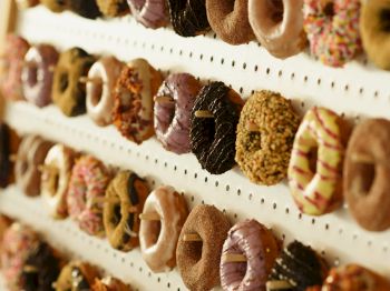 A wall display with numerous donuts in various flavors and types, organized neatly in rows, hanging on pegs.