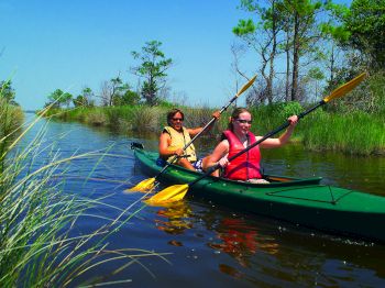 Two people in life jackets are kayaking on a narrow waterway surrounded by tall grass and trees under a clear blue sky.