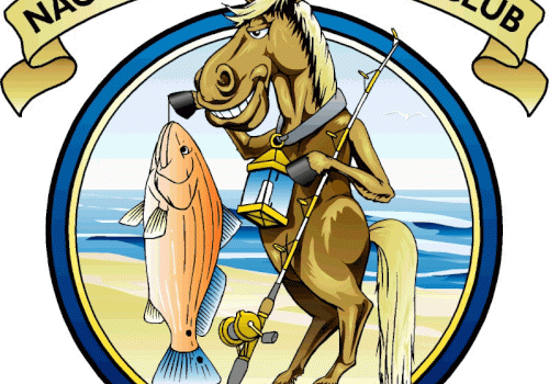 Logo for Nags Head Surf Fishing Club featuring a cartoon donkey holding a large fish and a fishing rod. Text reads 