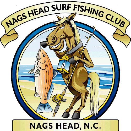 Logo for Nags Head Surf Fishing Club featuring a cartoon donkey holding a large fish and a fishing rod. Text reads 