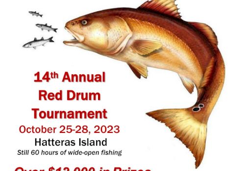 Image for the 14th Annual Red Drum Tournament by NCBBA, Oct 25-28, 2023, Hatteras Island, with over $12,000 in prizes. Online registration by Oct 20.