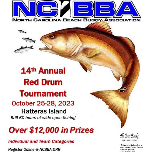 Image for the 14th Annual Red Drum Tournament by NCBBA, Oct 25-28, 2023, Hatteras Island, with over $12,000 in prizes. Online registration by Oct 20.