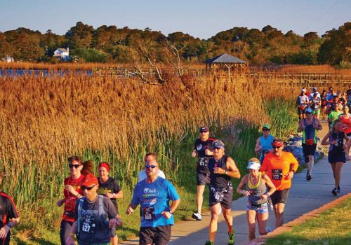 A group of runners is participating in a race on a pathway through a scenic, natural landscape with tall grasses and a lake visible in the background.