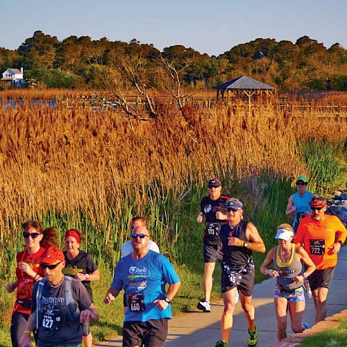 A group of runners is participating in a race on a pathway through a scenic, natural landscape with tall grasses and a lake visible in the background.