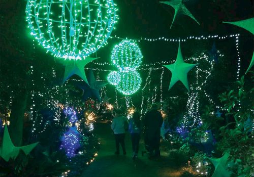 People walking through a beautifully decorated garden with glowing green and blue lights, star-shaped lanterns, and hanging spherical ornaments at night.