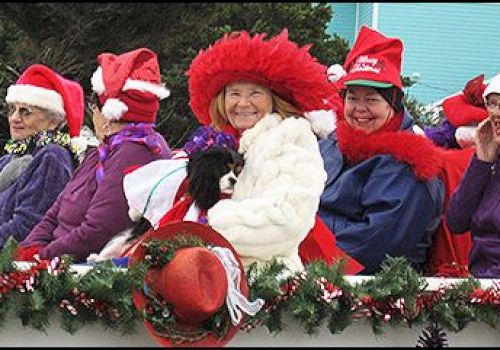 A group of people dressed in festive outfits and Santa hats are riding on a decorated float, with one person holding a small dog.