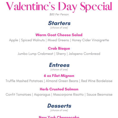 This image shows a Valentine's Day special menu from Lifesaving Station Restaurant, featuring starters, entrees, and desserts, priced at $85 per person.