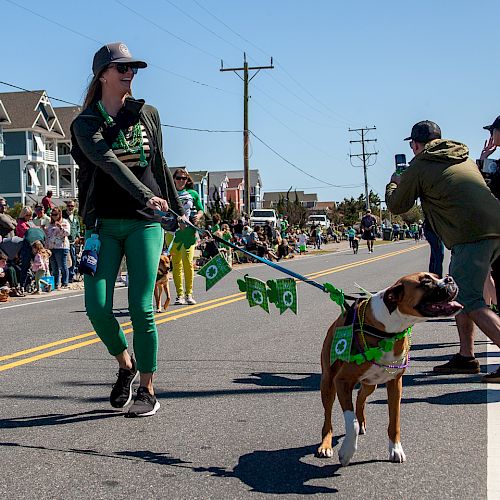 A woman and her dog, both wearing green, are participating in a parade on a sunny day. Spectators are watching from either side of the street.