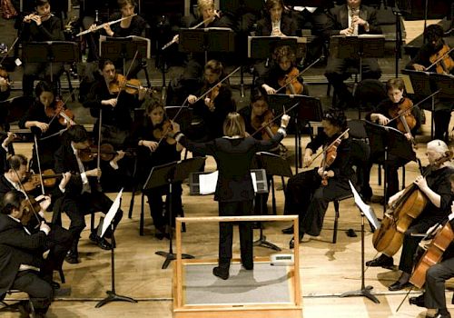 An orchestra performs on stage with a conductor leading the musicians, each playing various string and wind instruments, creating a harmonious scene.