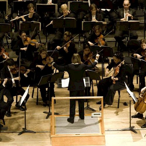 An orchestra performs on stage with a conductor leading the musicians, each playing various string and wind instruments, creating a harmonious scene.