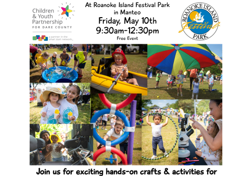 The image is a flyer for KidsFest at Roanoke Island Festival Park on May 10th, 9:30am-12:30pm, featuring crafts, activities, and free pizza lunch.