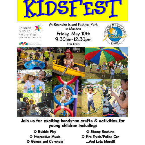 The image is a flyer for KidsFest at Roanoke Island Festival Park on May 10th, 9:30am-12:30pm, featuring crafts, activities, and free pizza lunch.