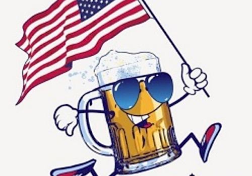 The image shows a cartoon beer mug with sunglasses and a smile, holding an American flag. The text reads 