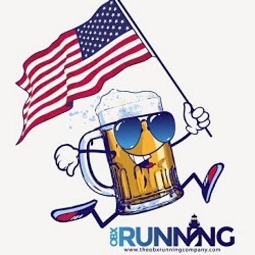 The image shows a cartoon beer mug with sunglasses and a smile, holding an American flag. The text reads 