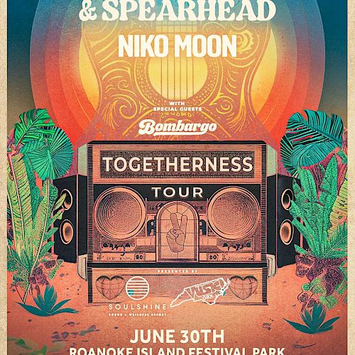 This image is a concert poster for Michael Franti & Spearhead, Niko Moon, and Bombargo. Venue: Roanoke Island Festival Park, Outer Banks, North Carolina.