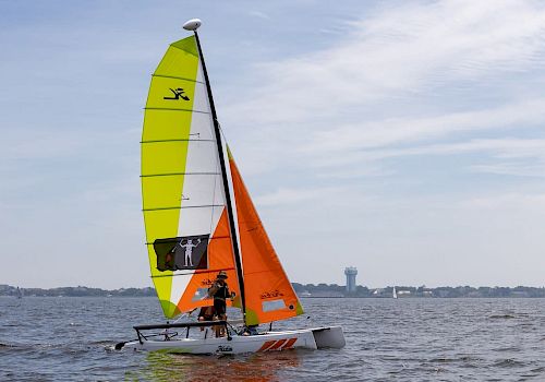 The image shows a sailboat with colorful sails on a body of water, with a couple of people onboard, and a distant shoreline with buildings in the background.