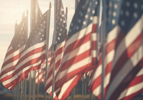 The image shows several American flags with red, white, and blue colors waving in the wind, set against a blurred background during sunset.