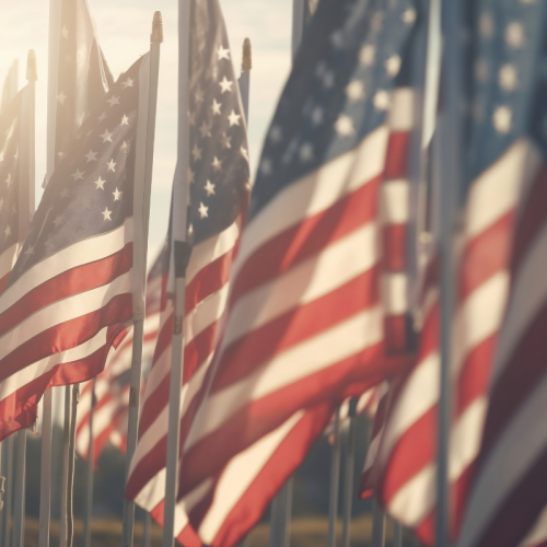 The image shows several American flags with red, white, and blue colors waving in the wind, set against a blurred background during sunset.