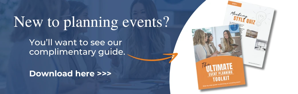 The image promotes a complimentary guide for new event planners, featuring a call to "Download here >>>" and displaying the guide's cover.