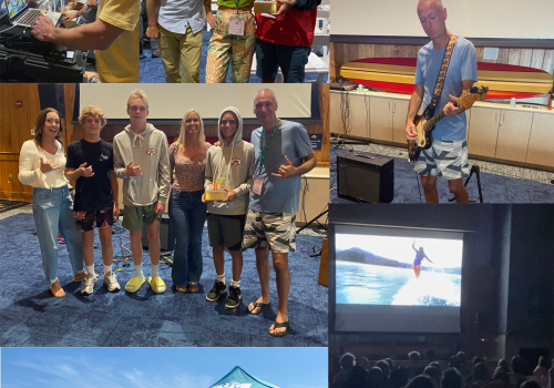 A group of people at an event featuring surfing, music, and beach activities, with a photo collage capturing different moments and presentations.