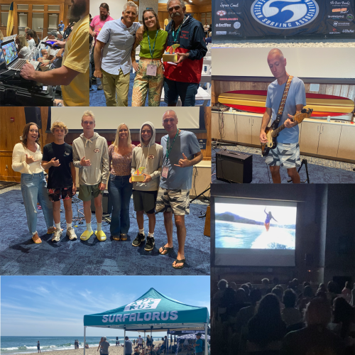 A group of people at an event featuring surfing, music, and beach activities, with a photo collage capturing different moments and presentations.