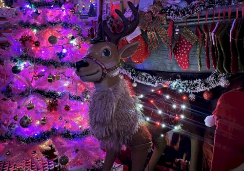 The image shows a festive holiday scene with a decorated pink Christmas tree, stockings, a reindeer figure, and various decorations.